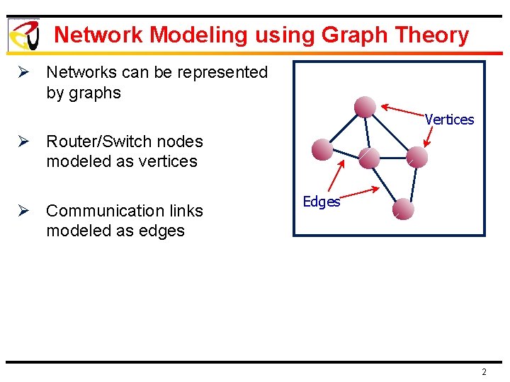 Network Modeling using Graph Theory Ø Networks can be represented by graphs Vertices Ø
