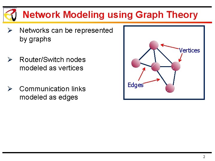 Network Modeling using Graph Theory Ø Networks can be represented by graphs Vertices Ø Network Modeling using Graph Theory Ø Networks can be represented by graphs Vertices Ø