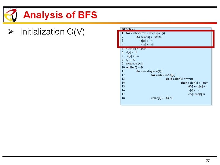 Analysis of BFS Ø Initialization O(V) 27 