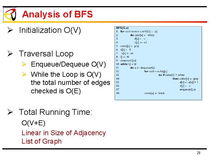 Analysis of BFS Ø Initialization O(V) Ø Traversal Loop Ø Enqueue/Dequeue O(V) Ø While