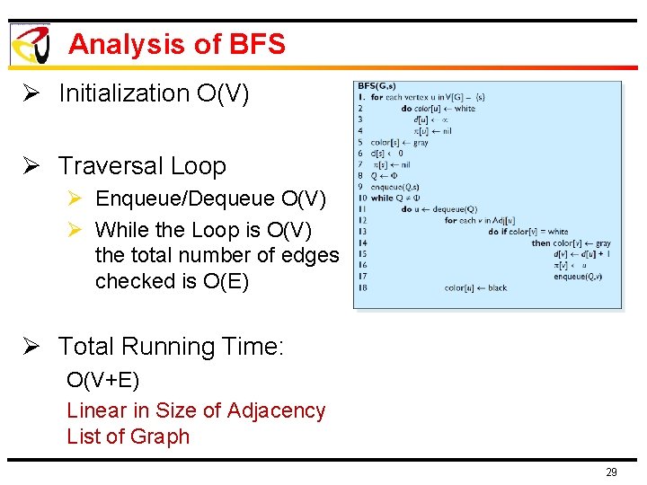 Analysis of BFS Ø Initialization O(V) Ø Traversal Loop Ø Enqueue/Dequeue O(V) Ø While Analysis of BFS Ø Initialization O(V) Ø Traversal Loop Ø Enqueue/Dequeue O(V) Ø While