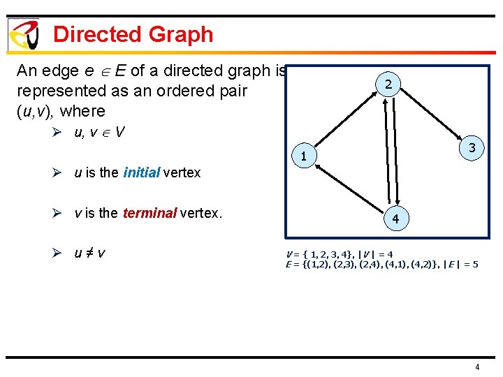 Directed Graph An edge e E of a directed graph is represented as an