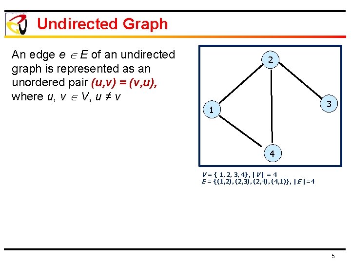 Undirected Graph An edge e E of an undirected graph is represented as an