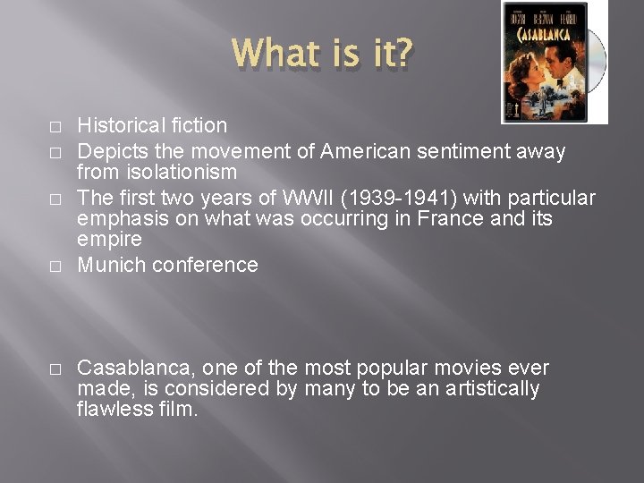What is it? � � � Historical fiction Depicts the movement of American sentiment