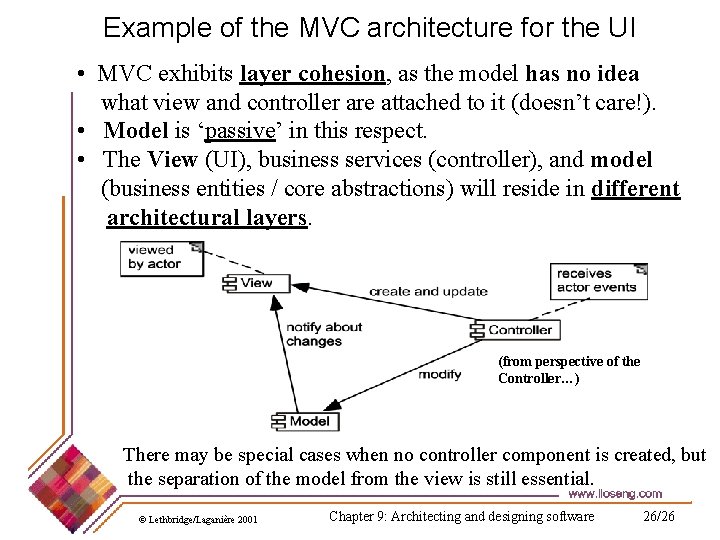 Example of the MVC architecture for the UI • MVC exhibits layer cohesion, as