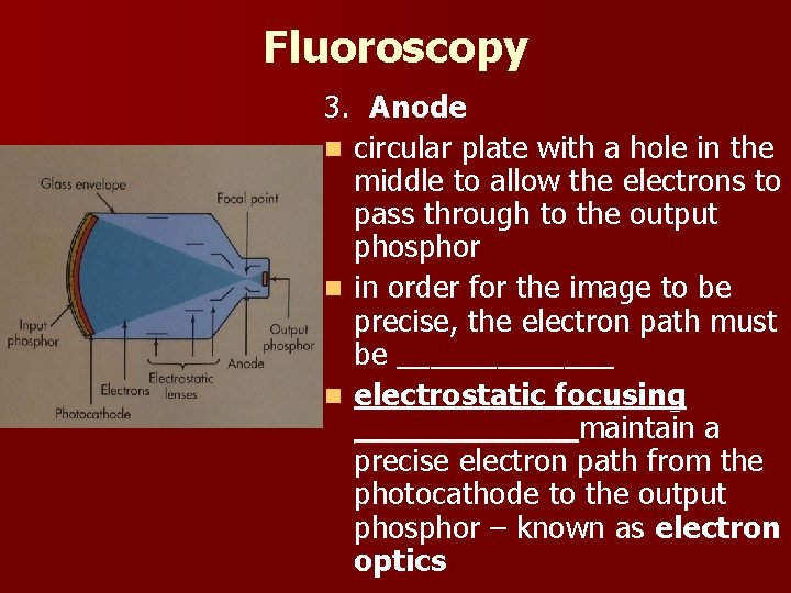 Fluoroscopy 3. Anode n circular plate with a hole in the middle to allow