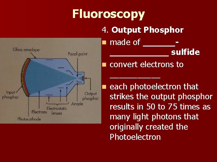 Fluoroscopy 4. Output Phosphor n made of _________ sulfide n convert electrons to ______