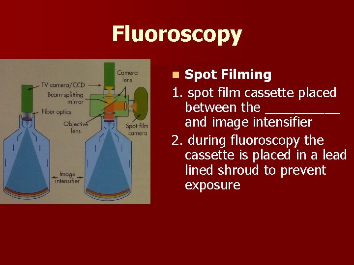 Fluoroscopy Spot Filming 1. spot film cassette placed between the _____ and image intensifier
