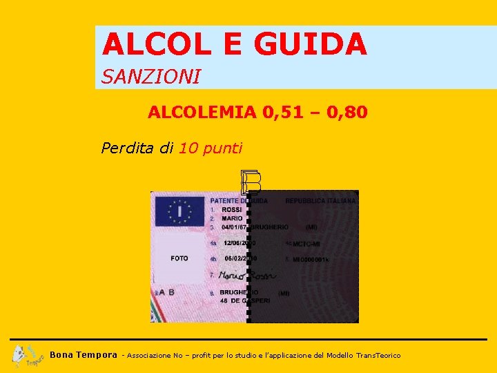 ALCOL E GUIDA SANZIONI ALCOLEMIA 0, 51 – 0, 80 Perdita di 10 punti