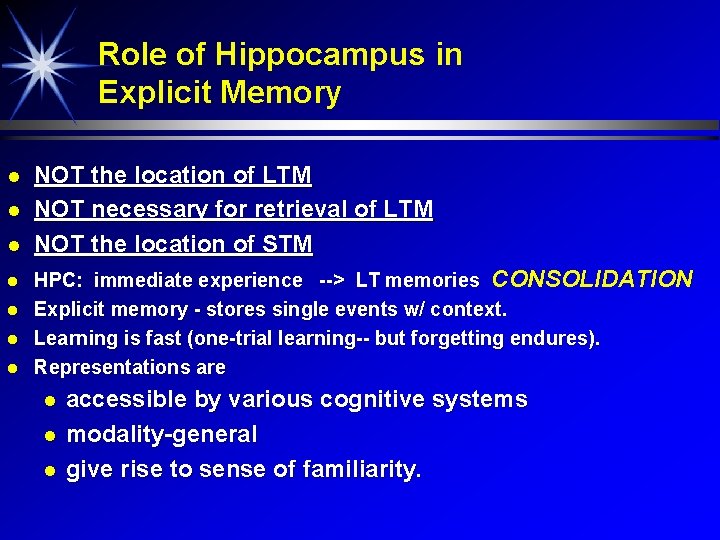 Role of Hippocampus in Explicit Memory NOT the location of LTM NOT necessary for