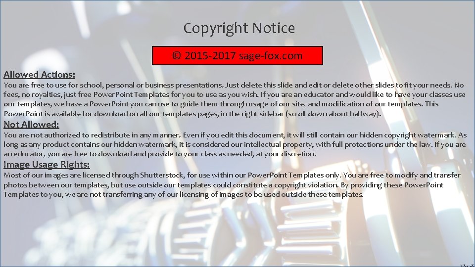 Copyright Notice © 2015 -2017 sage-fox. com Allowed Actions: You are free to use