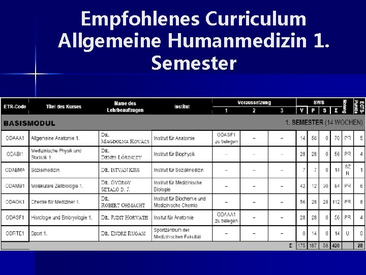 Empfohlenes Curriculum Allgemeine Humanmedizin 1. Semester 