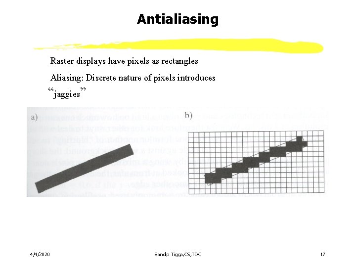 Antialiasing Raster displays have pixels as rectangles Aliasing: Discrete nature of pixels introduces “jaggies” Antialiasing Raster displays have pixels as rectangles Aliasing: Discrete nature of pixels introduces “jaggies”