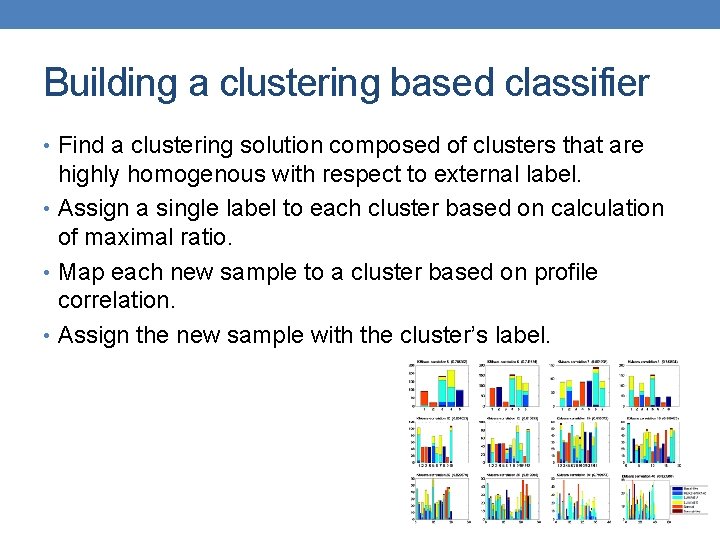 Building a clustering based classifier • Find a clustering solution composed of clusters that