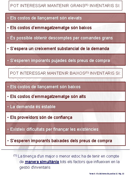 POT INTERESSAR MANTENIR GRANS(1) INVENTARIS SI: • Els costos de llançament són elevats •