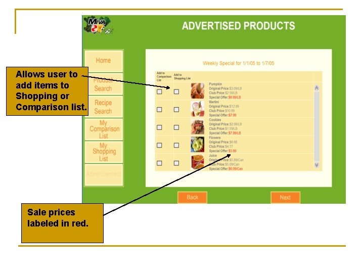 Allows user to add items to Shopping or Comparison list. Sale prices labeled in