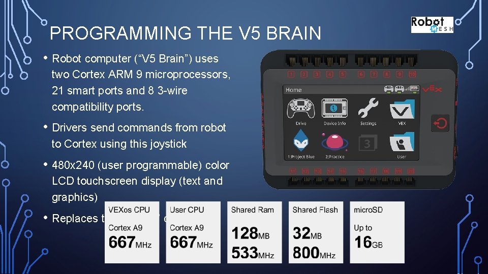 PROGRAMMING THE V 5 BRAIN • Robot computer (“V 5 Brain”) uses two Cortex