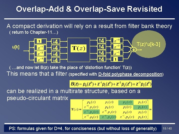 Overlap-Add & Overlap-Save Revisited A compact derivation will rely on a result from filter