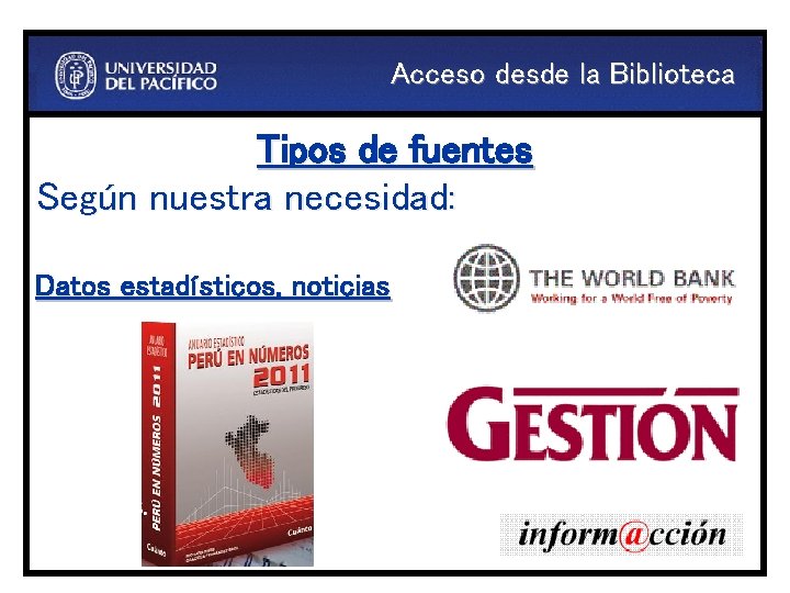 Acceso desde la Biblioteca Tipos de fuentes Según nuestra necesidad: Datos estadísticos, noticias 