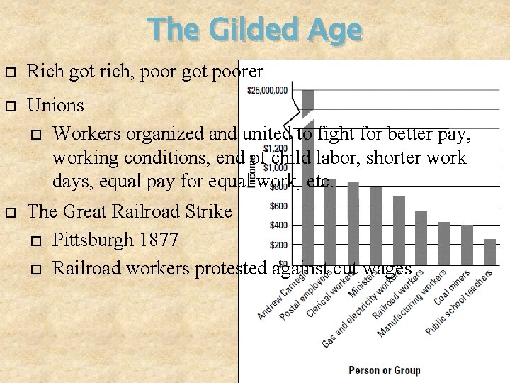 The Gilded Age Rich got rich, poor got poorer Unions Workers organized and united