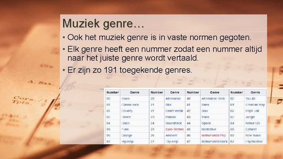 Muziek genre… • Ook het muziek genre is in vaste normen gegoten. • Elk