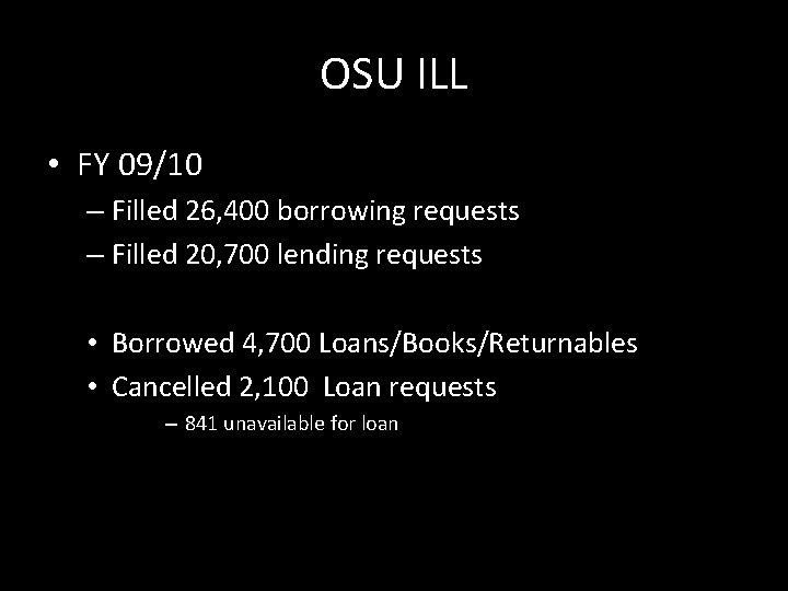 OSU ILL • FY 09/10 – Filled 26, 400 borrowing requests – Filled 20,