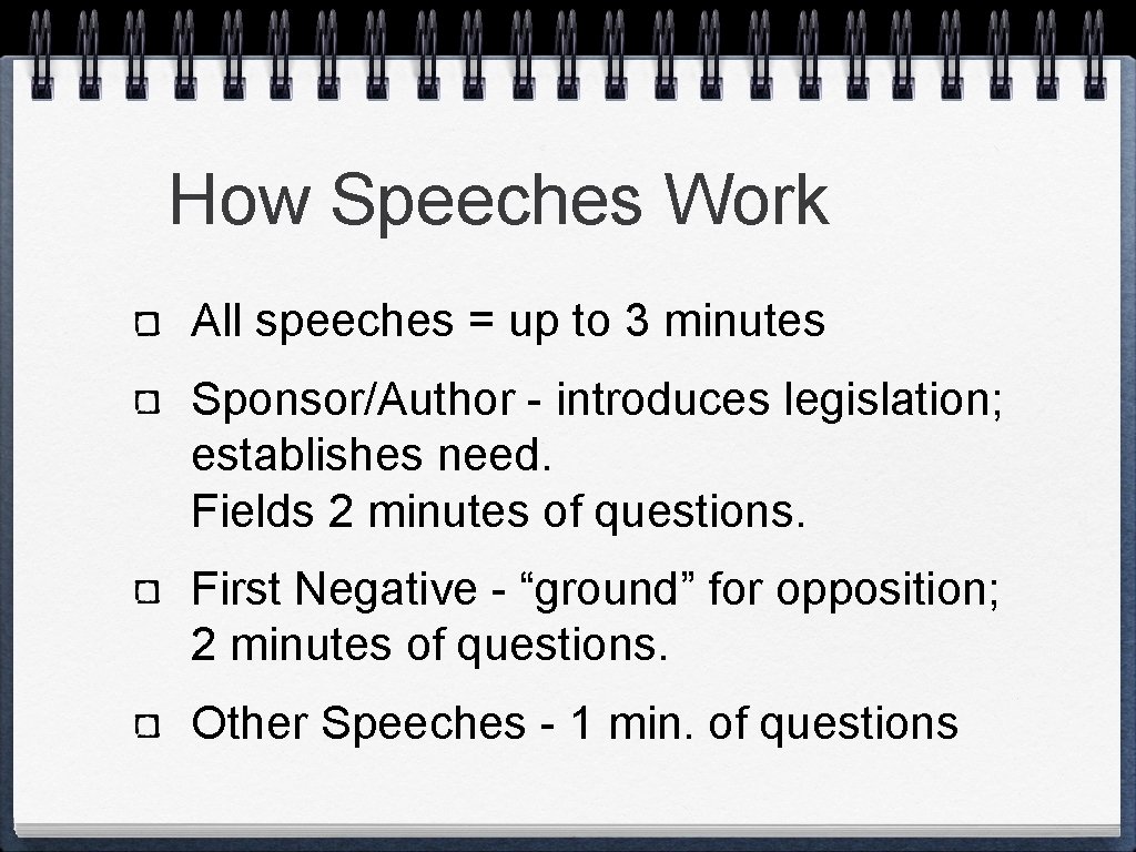 How Speeches Work All speeches = up to 3 minutes Sponsor/Author - introduces legislation;