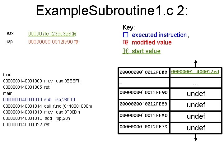Example. Subroutine 1. c 2: eax 000007 fe`f 239 c 3 a 8 ⌘