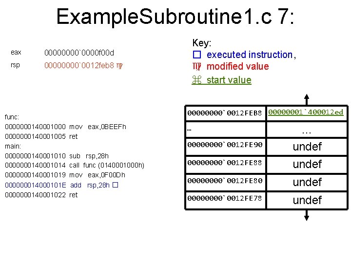 Example. Subroutine 1. c 7: eax 0000`0000 f 00 d rsp 0000`0012 feb 8