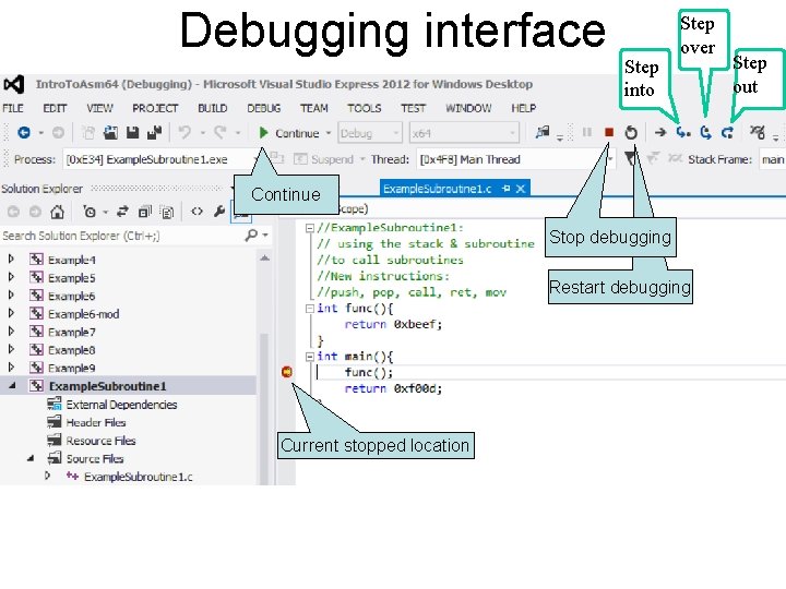 Debugging interface Step into Step over Debugging the program 2 Continue Stop debugging Restart