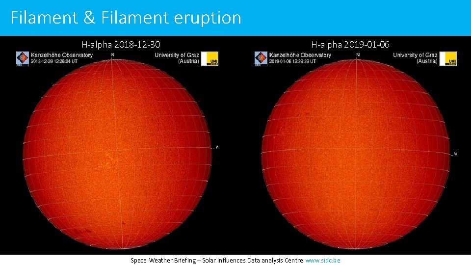 Filament & Filament eruption H-alpha 2018 -12 -30 H-alpha 2019 -01 -06 Space Weather