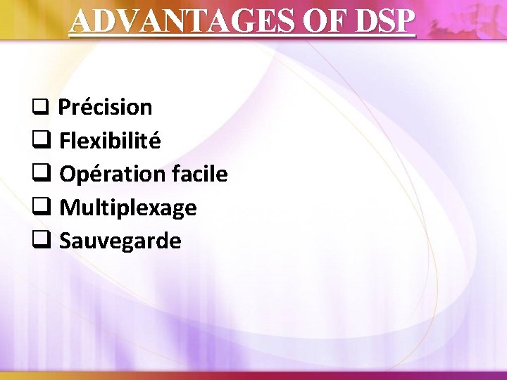 ADVANTAGES OF DSP q Précision q Flexibilité q Opération facile q Multiplexage q Sauvegarde