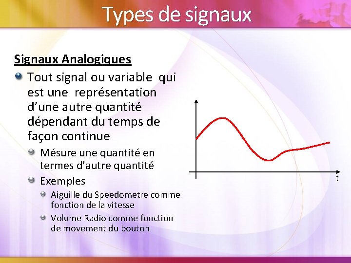 Types de signaux Signaux Analogiques Tout signal ou variable qui est une représentation d’une