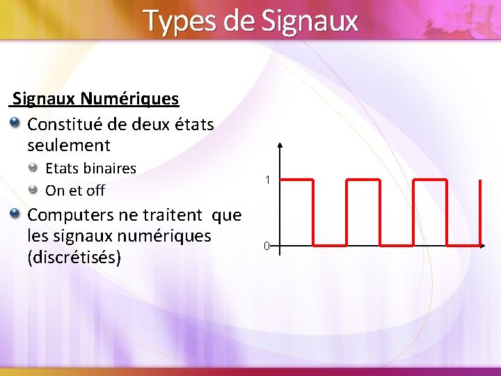 Types de Signaux Numériques Constitué de deux états seulement Etats binaires On et off