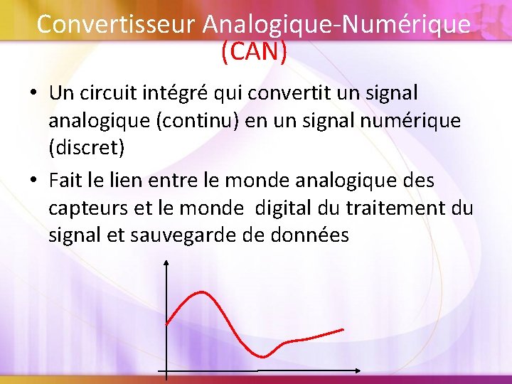 Convertisseur Analogique-Numérique (CAN) • Un circuit intégré qui convertit un signal analogique (continu) en