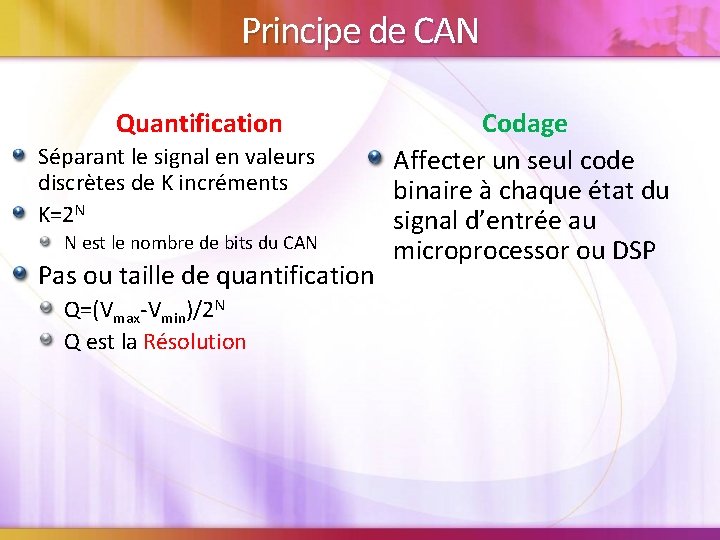 Principe de CAN Quantification Séparant le signal en valeurs discrètes de K incréments K=2