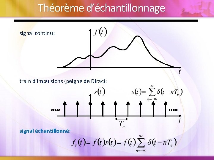 Théorème d’échantillonnage signal continu: train d’impulsions (peigne de Dirac): signal échantillonné: 
