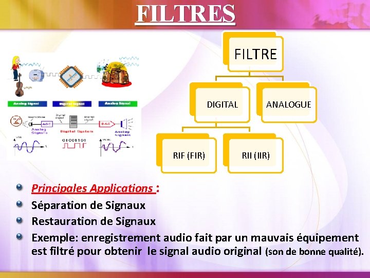 FILTRES FILTRE DIGITAL RIF (FIR) ANALOGUE RII (IIR) Principales Applications : Séparation de Signaux