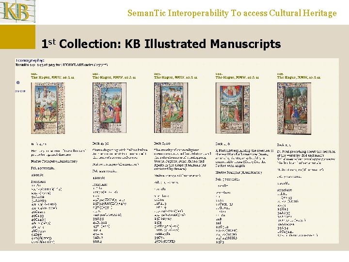 Seman. Tic Interoperability To access Cultural Heritage 1 st Collection: KB Illustrated Manuscripts 