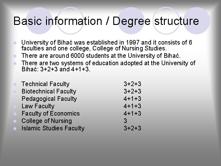 Basic information / Degree structure University of Bihać was established in 1997 and it