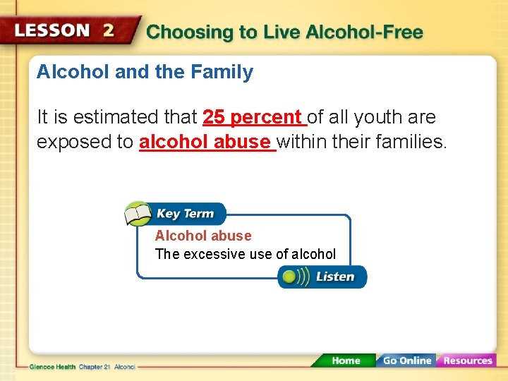 Alcohol and the Family It is estimated that 25 percent of all youth are