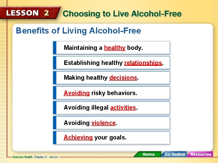 Benefits of Living Alcohol-Free Maintaining a healthy body. Establishing healthy relationships. Making healthy decisions.