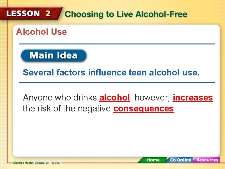 Alcohol Use Several factors influence teen alcohol use. Anyone who drinks alcohol, however, increases