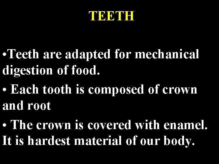 TEETH • Teeth are adapted for mechanical digestion of food. • Each tooth is