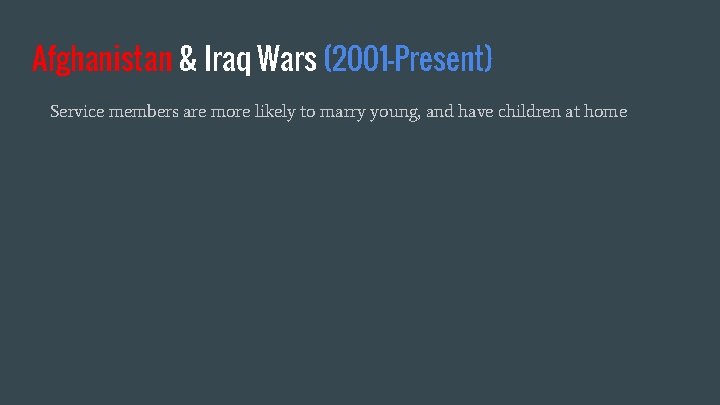 Afghanistan & Iraq Wars (2001 -Present) Service members are more likely to marry young,