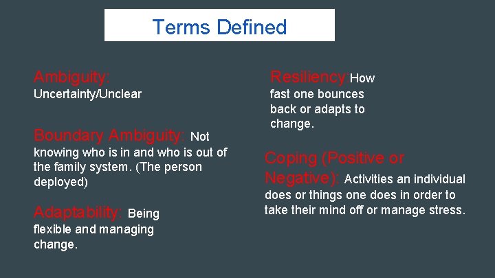 Terms Defined Ambiguity: Resiliency: How Uncertainty/Unclear fast one bounces back or adapts to change.