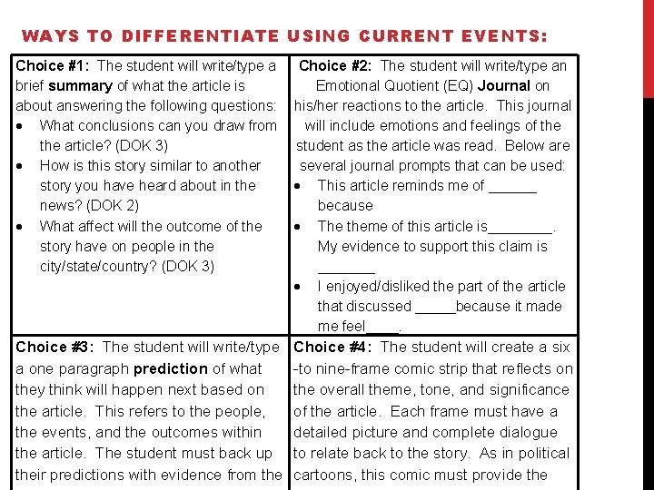 WAYS TO DIFFERENTIATE USING CURRENT EVENTS: Choice #1: The student will write/type a brief