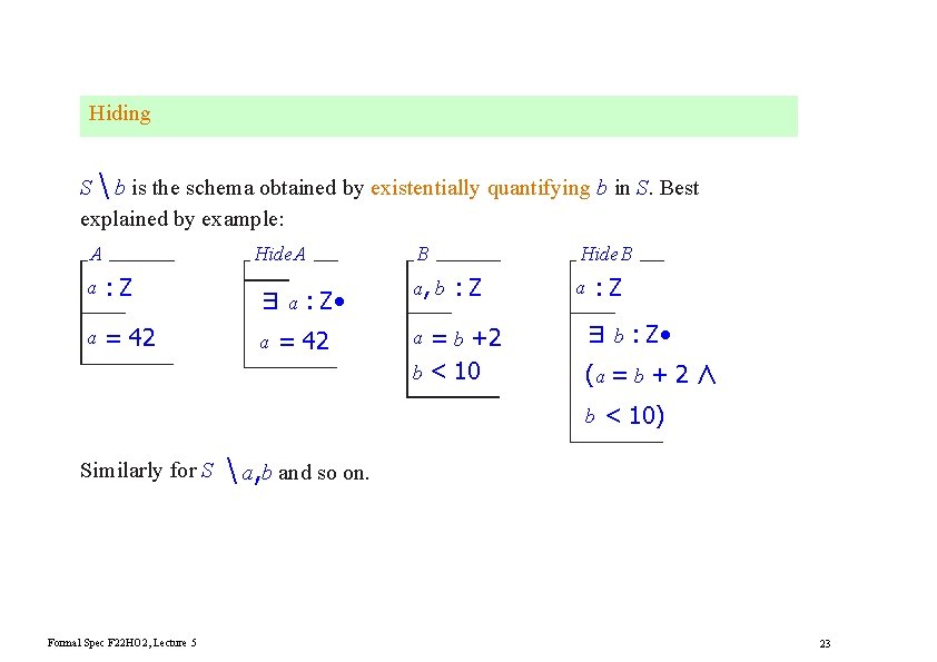 Hiding S  b is the schema obtained by existentially quantifying b in S.