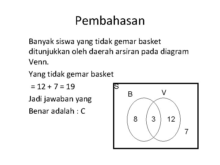 Pembahasan Banyak siswa yang tidak gemar basket ditunjukkan oleh daerah arsiran pada diagram Venn.