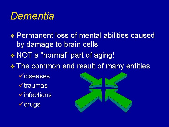 Dementia v Permanent loss of mental abilities caused by damage to brain cells v